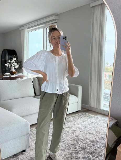 Emme transitional linen pants styled by a real customer